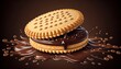 Sandwich cookies chocolate fill 3d illustration biscuit package design advertisement clipping path falling cardboard box promotion round stack treat cracker cream cookie snack melt dessert sweet