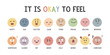Cute face emotions vector set. Colorful pastel facial expressions clipart cartoon style. Happy, sad, excited, calm, surprised, scared, shy, angry, tired, proud, jealous, worried, silly, bored, loved