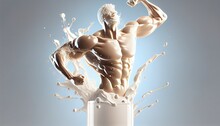 Splash Milk Form Muscle Body 3d Rendering Design Flow Symbol Goggles Blue Motion Strong Drink Freshness Health Man Food Photogenic Isolated White Breakfast Energy Liquid Strength Male Exercise