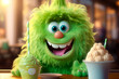 Adorable Character in confectionery candy store. Dessert time. positive visitor is sitting in cafe. illustration for puzzle, kids menu, sweet-shop, cover. Green fluffy monster and cake.