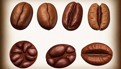 Wall Mural - Set roasted coffee bean background brown hot drink espresso closeup aroma agriculture seed food caffeine mocha cappuccino arabic black isolated white texture beverage aromatic energy dark macro