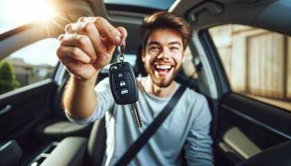 Happy man with auto keys - Joyful woman's new car purchase - Concept for automobile industry and car rental