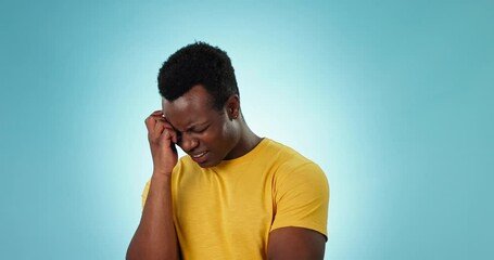 Sticker - Stress, anxiety and black man with headache in studio angry with pain, mistake or tension on blue background. Vertigo, crisis and African male model frustrated with brain fog, problem or burnout