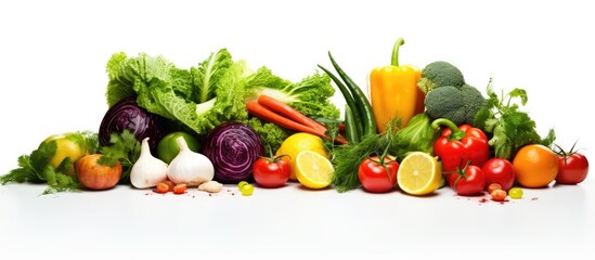 Poster - In the pristine, isolated white background, a beautiful arrangement of colorful vegetables was set up - a harmonious blend of nature's bounty and healthy lifestyles, reflecting the nutritious essence