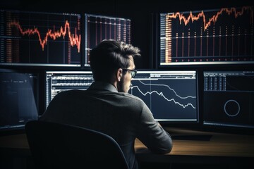 Poster - Analytical Investor watching online. Online trade market. Fictional person. Generate Ai