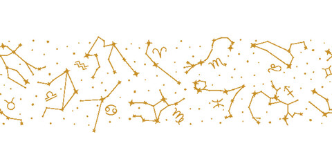 Wall Mural - Golden zodiac constellations, astrology seamless pattern on white. Constellations of shiny gold stars repeating print, starry sky, astrological forecast, horoscope vector illustration
