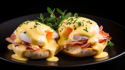 Wall Mural - Eggs benedict with hollandaise sauce, bacon and poached eggs on black plate or background. Cheese, chives, on bread. created with Generative AI