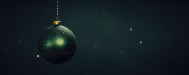 Wall Mural - Christmas glass green ball hanging on fir tree. Christmas tree toy on dark emerald background with stars. New year decoration, festive atmosphere concept. Banner or greeting card with copy space