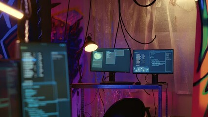 Poster - software interface on computer screen showing programming code used for making malware in empty ware