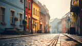 Fototapeta Uliczki - a colorful brick street lined with row houses, misty atmosphere, landscapes, traditional street scenes, colorful woodcarvings, delicate colors.