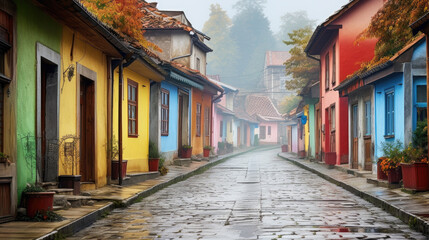 Wall Mural - Raining. A colorful brick street lined with row houses, misty atmosphere, landscapes, traditional street scenes, colorful woodcarvings, delicate colors.