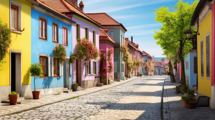 Wall Mural - Spring. A colorful brick street lined with row houses, misty atmosphere, landscapes, traditional street scenes, colorful woodcarvings, delicate colors.