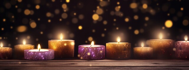 Wall Mural - Flaming pink and golden aroma candles at night on blurred purple background with bokeh lights. Candles in church as catholic symbol. Abstract festive backdrop. Christmas eve banner with copy space