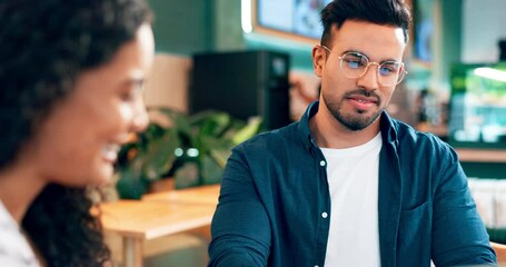 Poster - Conversation, coffee shop and people coworking on freelance project drinking a latte together. Technology, discussion and young woman and man freelancers speaking and enjoy a drink at cafe restaurant