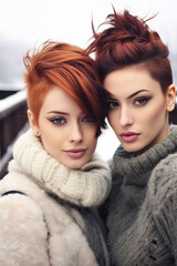 Closeup portrait photo of 2 fashionable young woman