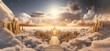 Stairway to heaven. Golden City. Clouds. Banner. Generated AI. Photoshop has been improved.