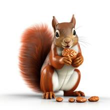 3D Wild Animal Squirrel Eating Peanut Nuts On A White Background Created With Generative AI Technology