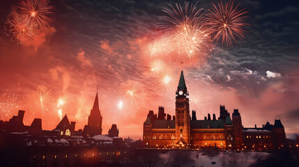 Wall Mural - beautiful city at night with fireworks on a celebration day