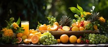 In The Midst Of A Vibrant Summer, Amidst The Lush And Bountiful Nature, A Table Adorned With A Cascade Of Vibrantly Colored Fruits Made Of Yellow-orange Marbled Textures Caught Their Attention. The