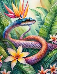 Snake in tropical plants and flowers, watercolour art illustration