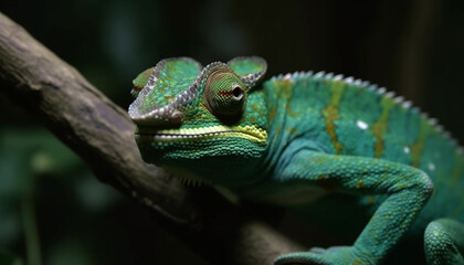 Poster - Cute gecko on green branch, a portrait of nature beauty generated by AI