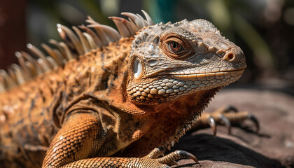 Wall Mural - Green iguana crawls on branch in tropical rainforest wildlife reserve generated by AI