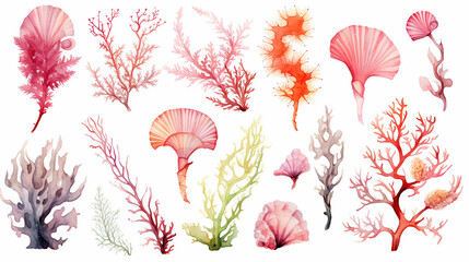 Wall Mural - watercolor sea life seaweed shell fish sea horse on white background