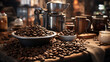 Coffee beans master roaster overflowing beans. Concept of Artisanal coffee roasting, overflowing aromas, skilled craftsmanship, aromatic abundance.
