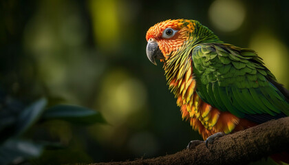 Sticker - Vibrant scarlet macaw perching on branch in tropical rainforest generated by AI