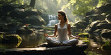Fototapeta  - Woman meditating in yoga pose in creek bed nature. Concept of Nature mindfulness, inner peace, yoga in natural settings, connecting with nature.