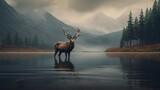 Fototapeta  - elk stag walking in a lake