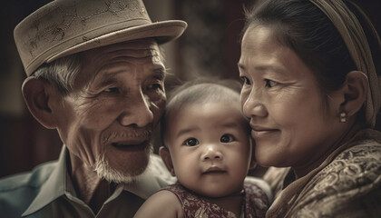 Multi generation family smiling outdoors, holding love and bonding together generated by AI