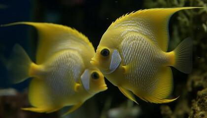 Sticker - Vibrant school of striped fish in beautiful underwater reef generated by AI