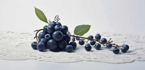 Wall Mural - A single, perfect blueberry with a natural, dusty bloom on its surface, resting on a delicate white lace background.