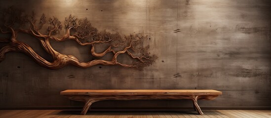 Poster - In the vintage interior, an abstract design draws attention with its natural and grunge texture on the old wooden wall, resembling a tree shape on a vintage wooden board, adding a touch of nature to