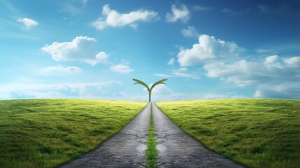 fork in the road horizon with grass and blue sky showing a fork in the road representing the concept