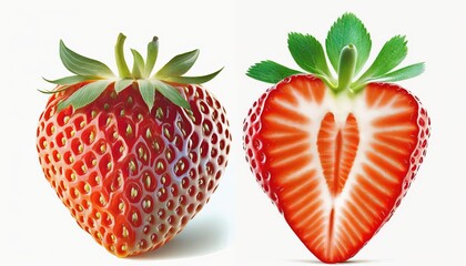 Wall Mural - Ripe strawberry sliced isolated cutout slice berry ingredient food fruit half pair whole cut group front view fresh healthy eating harvest colourful raw nourishment organic diet topview red juicy