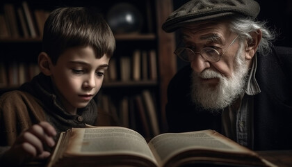 Wall Mural - Three generations bond over literature in cozy family library portrait generated by AI