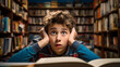 A boy is amazed while reading books in the library