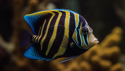 Wall Mural - Yellow clown fish in striped reef, beauty in natural motion generated by AI