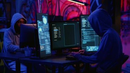 Wall Mural - African american hacker and asian colleague working together in hidden place with graffiti walls, deploying malware on unsecured computers to steal sensitive data from unaware users online
