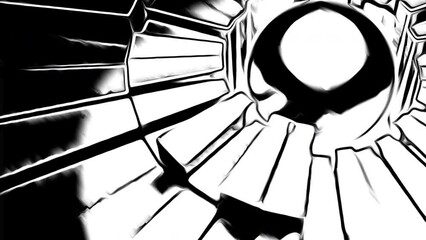 Poster - Monochrome spinning mechanism with a sphere. Media. Rotating 3D ball and rectangular shapes looking like rays.
