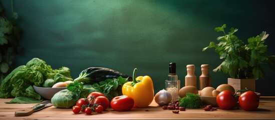 In a well-lit kitchen, a green vegetable leaf sits atop a cutting board, with a backdrop of a wooden desk and a frame of cooking essentials on the wall, while a healthy tomato awaits to be sliced in