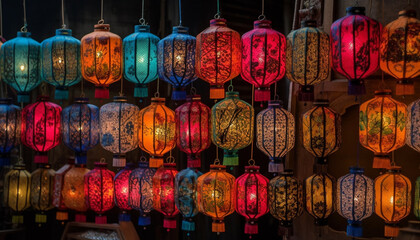 Wall Mural - Vibrant colored lanterns hanging, illuminated, symbolizing traditional festivals and cultures generated by AI