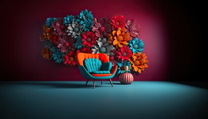 Room with armchair and wall of huge colorful artificial 3d flowers, backdrop for photo or digital overlay