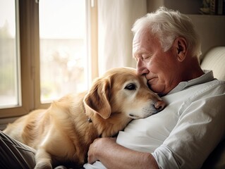 AI-generated illustration of a male senior citizen with his beloved dog, sitting on his couch. MidJourney.