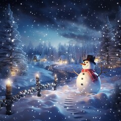 Snowman in winter christmas landscape Magical christmas night