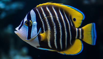 Poster - Vibrant striped clown fish swimming in colorful coral reef below generated by AI