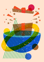 Poster - Risograph gift box with geometric shapes. Holiday objects in trendy riso graph print texture style design with geometry elements.