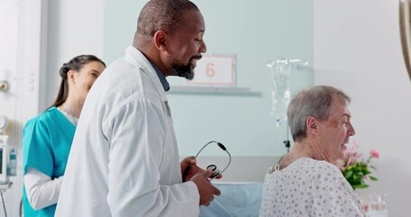 Sticker - Senior man, doctor and hospital talk with breathing check and stethoscope for heart exam in a clinic. Elderly care, wellness and medical help with African male professional with healthcare and advice